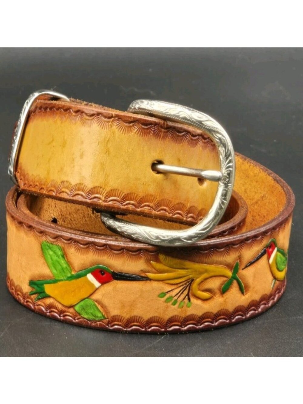 Hand Tooled Leather Belt Painted Hummingbird Western Floral Cowgirl 30" - 36"